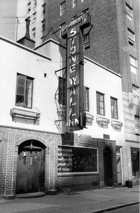 Stonewall Inn sign, photographed in black-and-white
