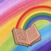 An open book with a rainbow extending from the pages sits atop a multicolored rainbow background that looks like it was created from colored pencil.